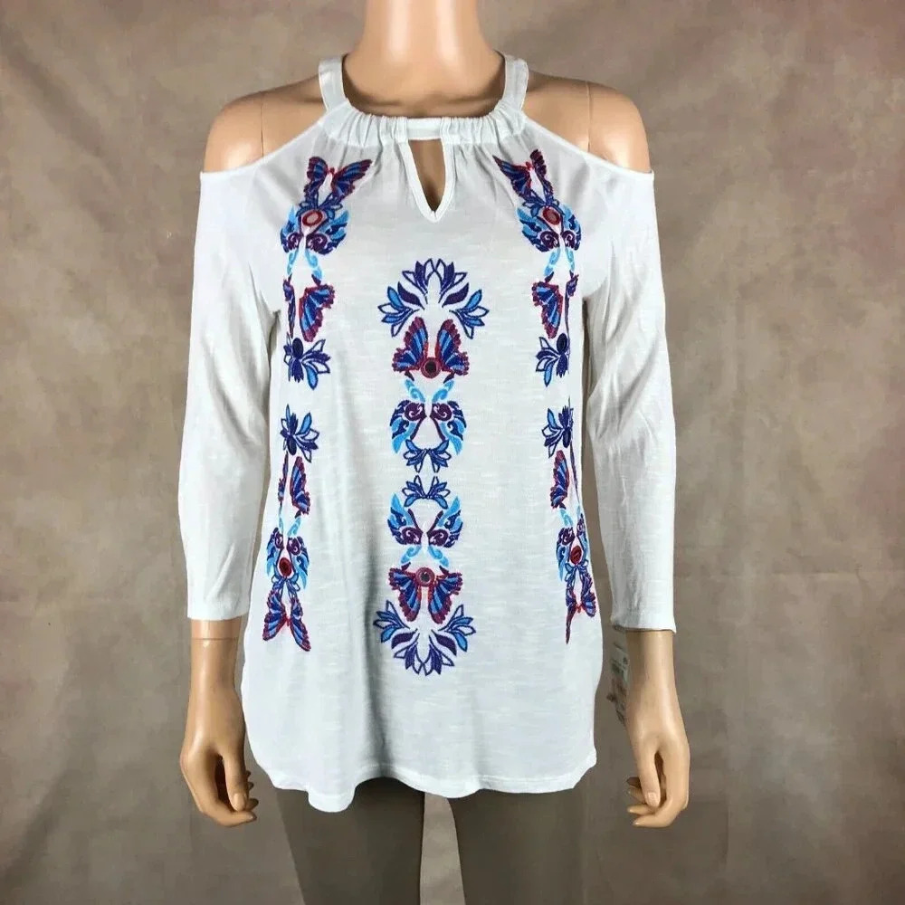 INC Embroidered Floral Cold-Shoulder Top NEW Petite Small